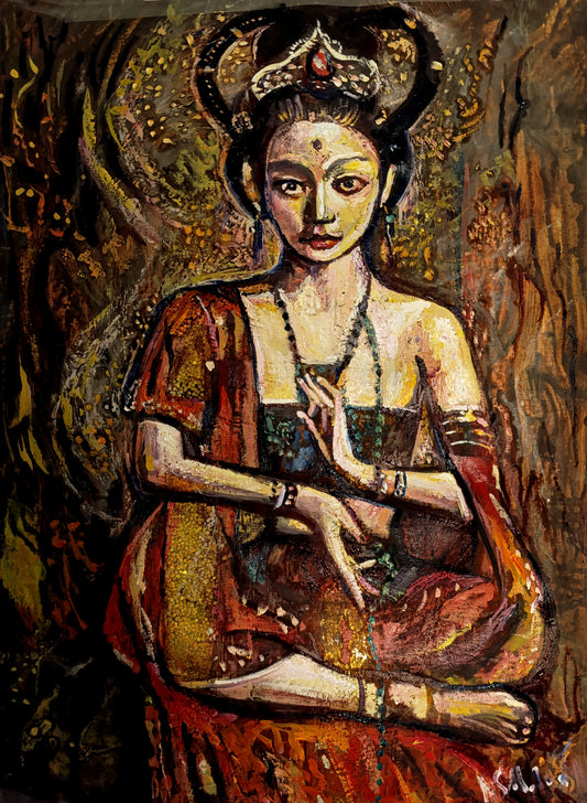 Asian art, Abstract oil painting, Portrait of a girl in meditation ORIGINAL ART by Alex Solodov