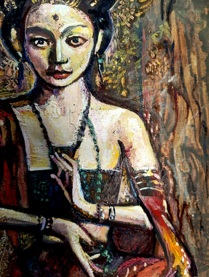 Asian art, Abstract oil painting, Portrait of a girl in meditation ORIGINAL ART by Alex Solodov