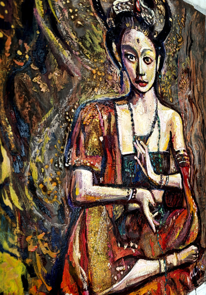 Asian art, Abstract oil painting, Portrait of a girl in meditation ORIGINAL ART by Alex Solodov