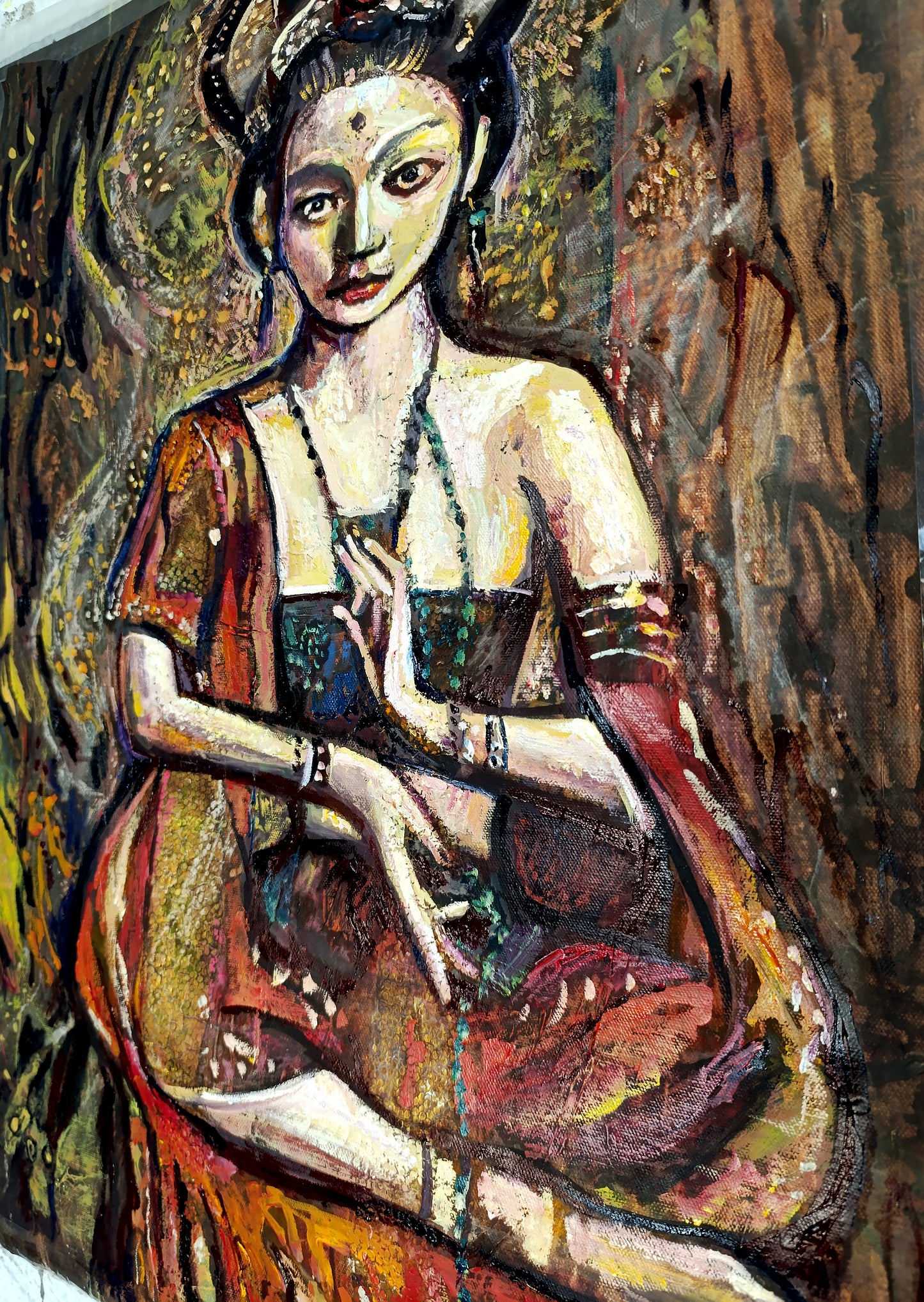 Asian art, Abstract oil painting, Portrait of a girl in meditation ORIGINAL ART by Alex Solodov