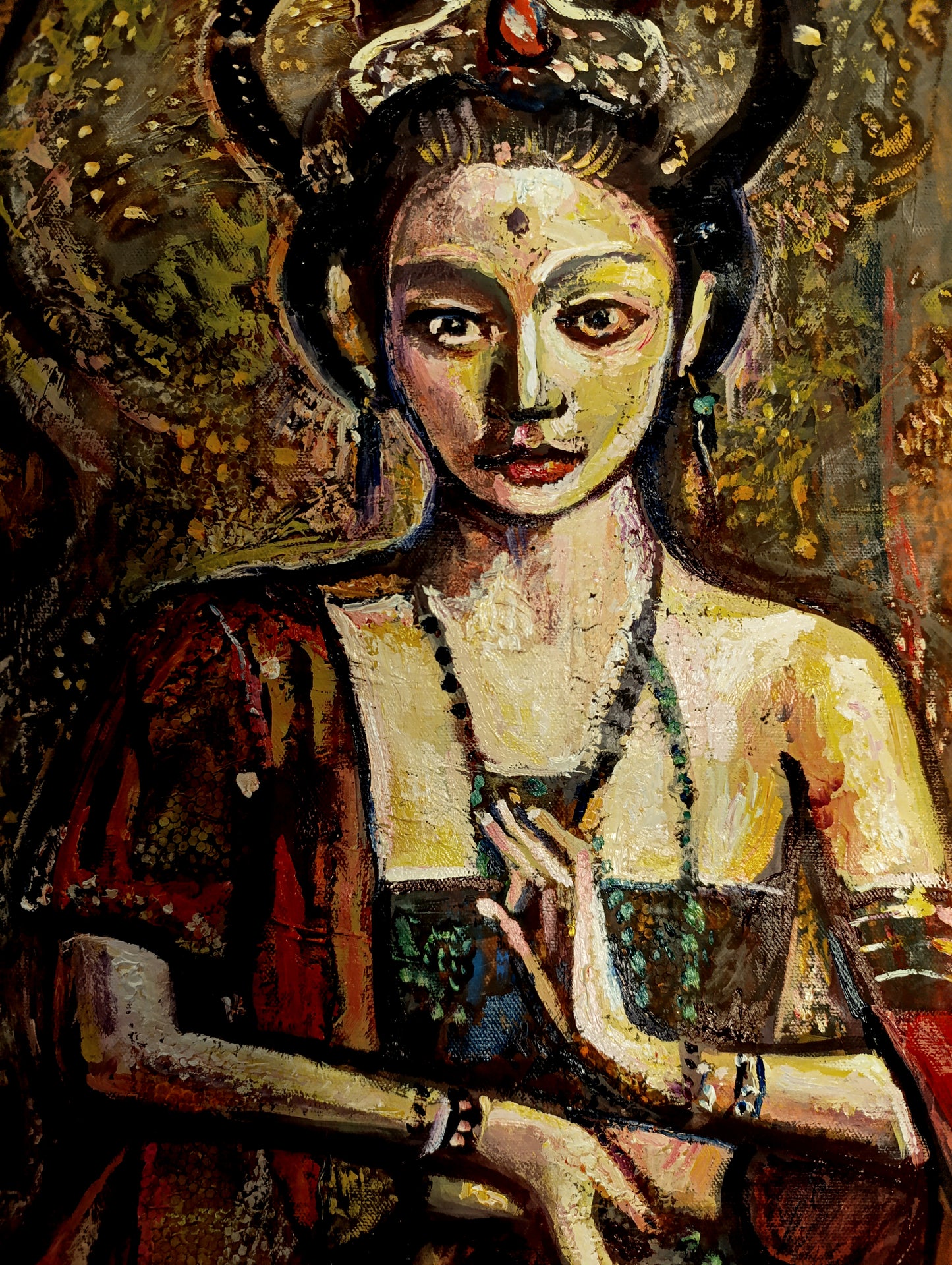 Asian art, Abstract oil painting, Portrait of a girl in meditation ORIGINAL ART by Alex Solodov