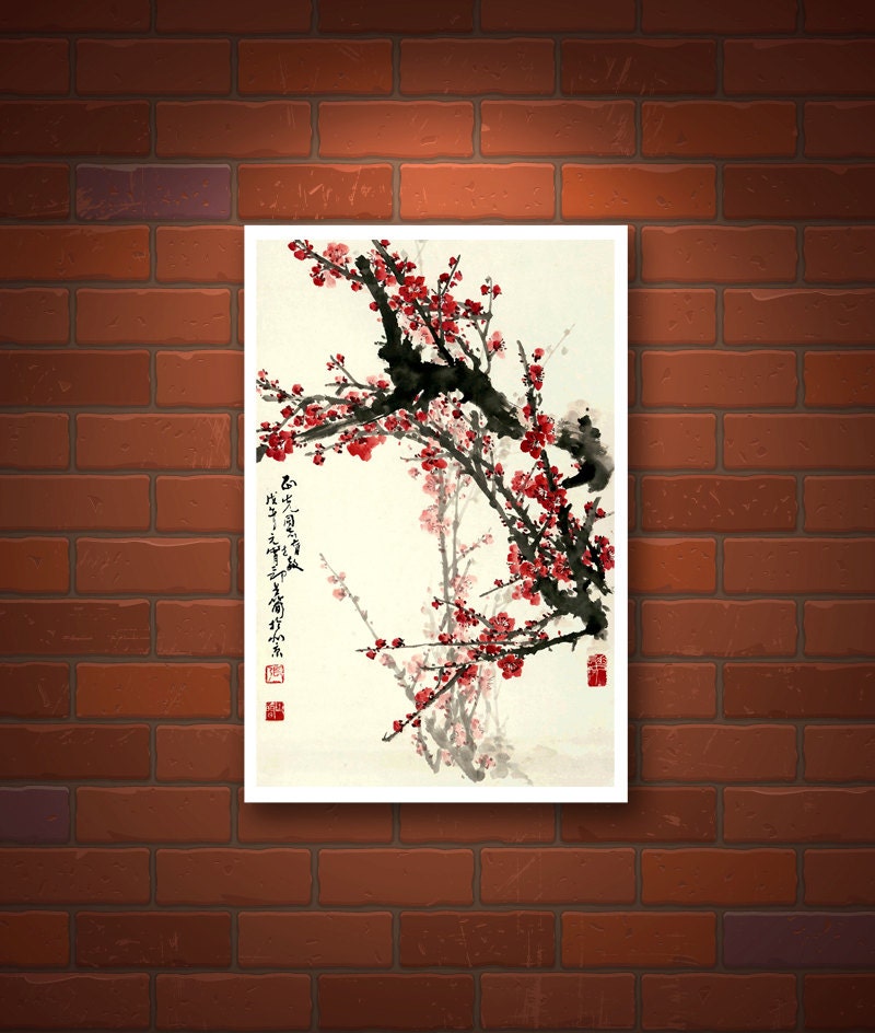 Chinese art prints, Flower paintings, Plum Tree Blossoms FINE ART PRINT, watercolour, Chinese calligraphy, wall art, home decor, art posters