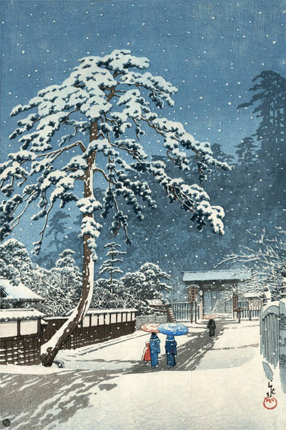 Japanese art prints, Honmonji Temple Ikegami Hasui Kawase FINE ART PRINT, winter snow paintings, woodblock prints reproductions, art posters