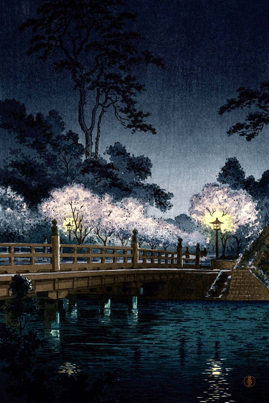 Japanese art, woodblock prints, Benkei Bridge at Night Tsuchiya Koitsu FINE ART PRINT, blooming trees painting, Japanese prints, art posters