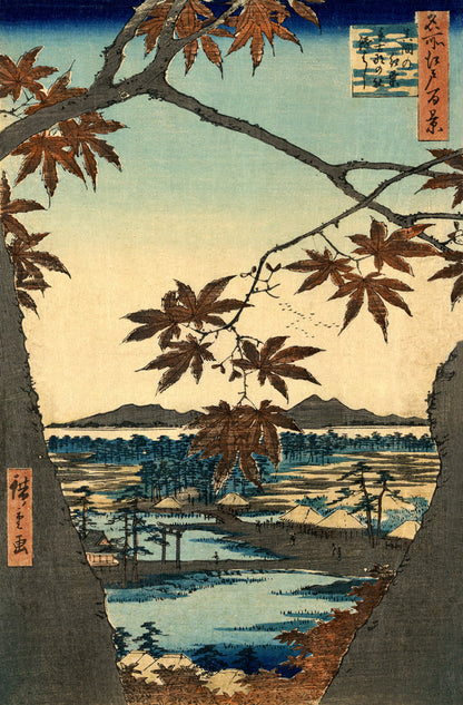 Japanese art prints, Maple Trees at Mama, Tekona Shrine Hiroshige One Hundred Famous Views Edo FINE ART PRINT, woodblock print reproduction