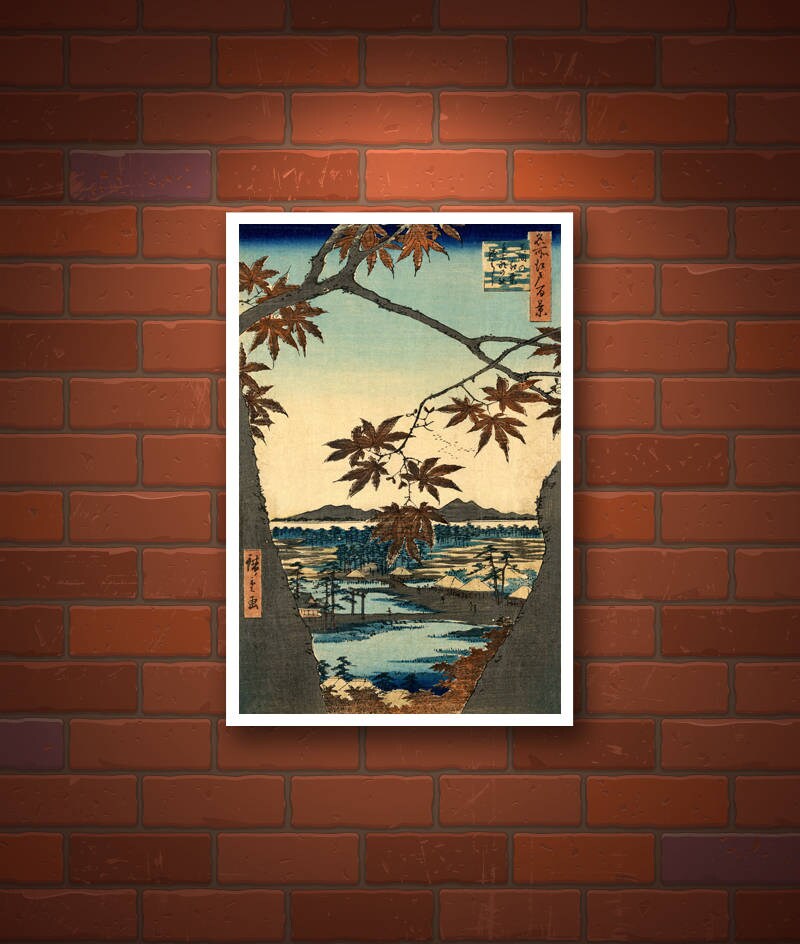 Japanese art prints, Maple Trees at Mama, Tekona Shrine Hiroshige One Hundred Famous Views Edo FINE ART PRINT, woodblock print reproduction