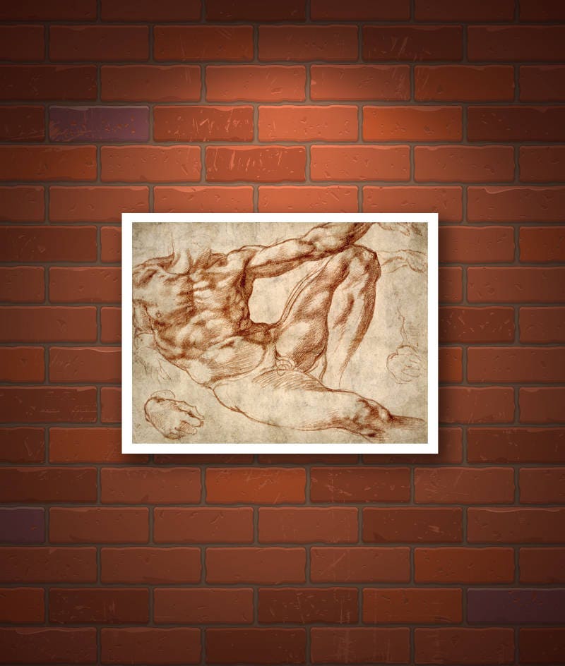 Man figure study Michelangelo Buonarroti drawing FINE ART PRINT, antique european art, italian art, man drawing, renaissance reproductions