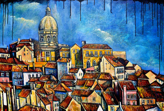 Lisbon old town painting, Abstract Portugal cityscape, Lisbon in Winter ORIGINAL ART by Alex Solodov