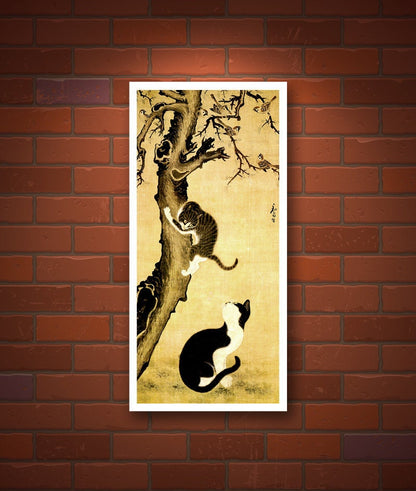 Asian cats art prints, paintings, Korean vintage reproduction, Cats and sparrows FINE ART PRINT