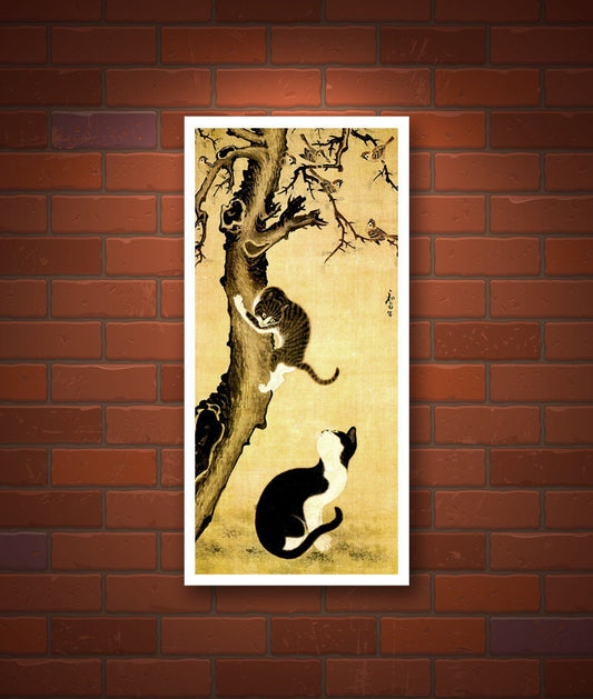 Asian cats art prints, paintings, Korean vintage reproduction, Cats and sparrows FINE ART PRINT, Korean antique animal art, wall art poster
