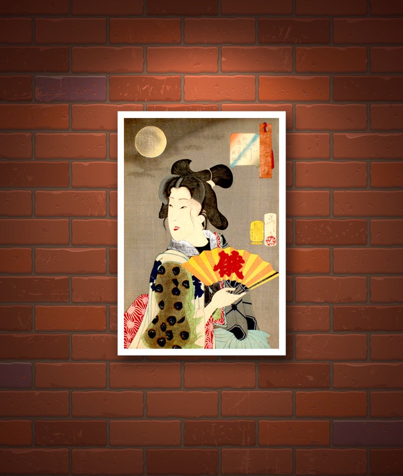 Japanese art prints, Japanese geishas, Beauties, Woman with fan under moon, Yoshitoshi, woodblock prints reproductions, posters, wall art