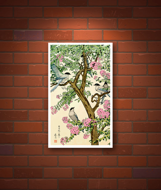 Bird and Flower japanese art, Birds of seasons Summer Yoshida FINE ART PRINT, Japanese birds flowers art prints, posters, paintings, wallart