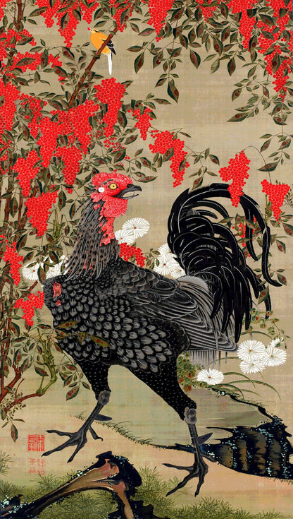 Japanese birds and flowers art prints, Nandina and Rooster Colorful realm of living being Jakuchu FINE ART PRINT, posters, Japanese painting