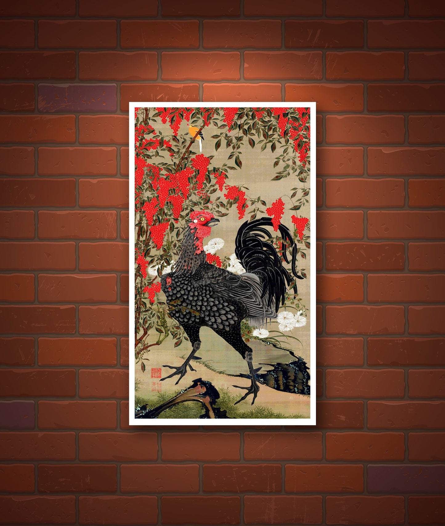 Japanese birds and flowers art prints, Nandina and Rooster Colorful realm of living being Jakuchu FINE ART PRINT, posters, Japanese painting