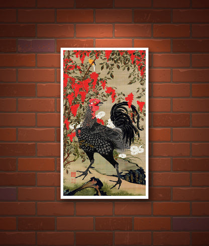 Japanese birds and flowers art prints, Nandina and Rooster Colorful realm of living being Jakuchu FINE ART PRINT, posters, Japanese painting