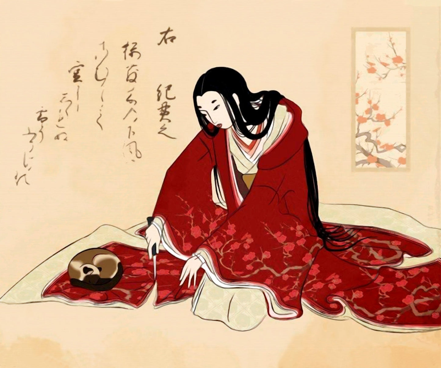 Japanese art, Japanese geisha painting, Geisha print, Geisha with cat cutting kimono FINE ART PRINT, Art poster, Woodblock print, Home decor