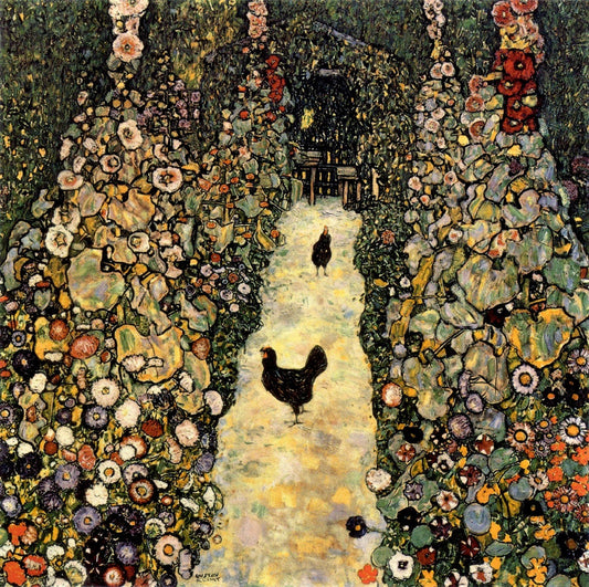 European art, Flowers and birds paintings, Gustav Klimt Garden path with chickens FINE ART PRINT