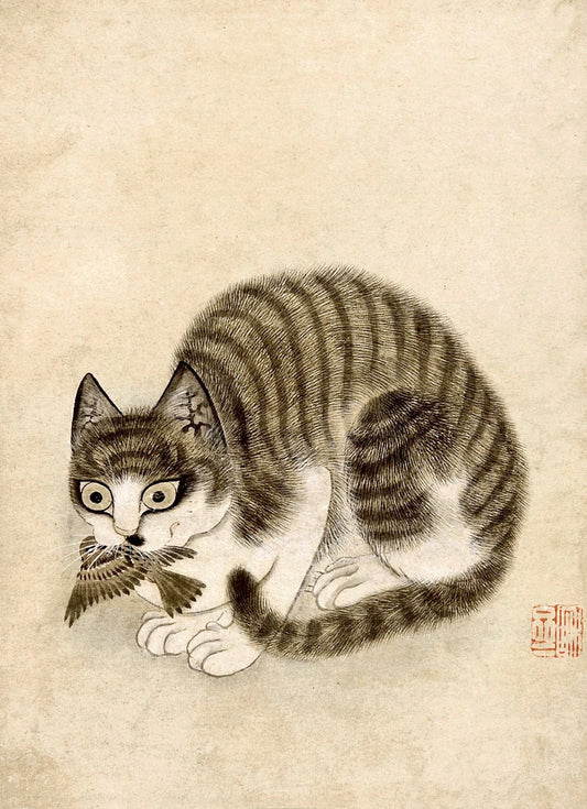 Asian cats art prints, Cat painting, Korean vintage animal drawing, Cat with bird FINE ART PRINT, Korean antique animal art, wall art poster