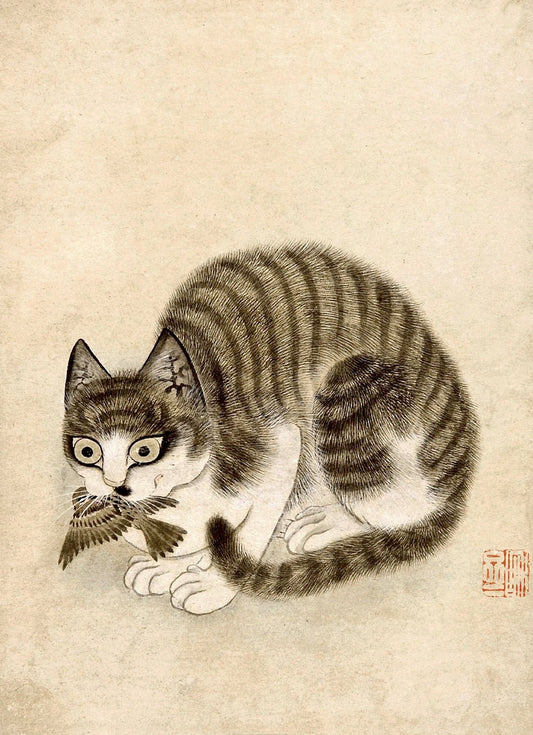 Asian cats art prints, Cat painting, Korean vintage animal drawing, Cat with bird FINE ART PRINT