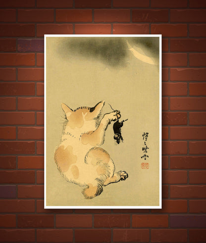 Cat art prints, Japanese cats posters, Animal art poster, Cat paintings, Cat and mouse under crescent moon Kyosai, FINE ART PRINT, wall art