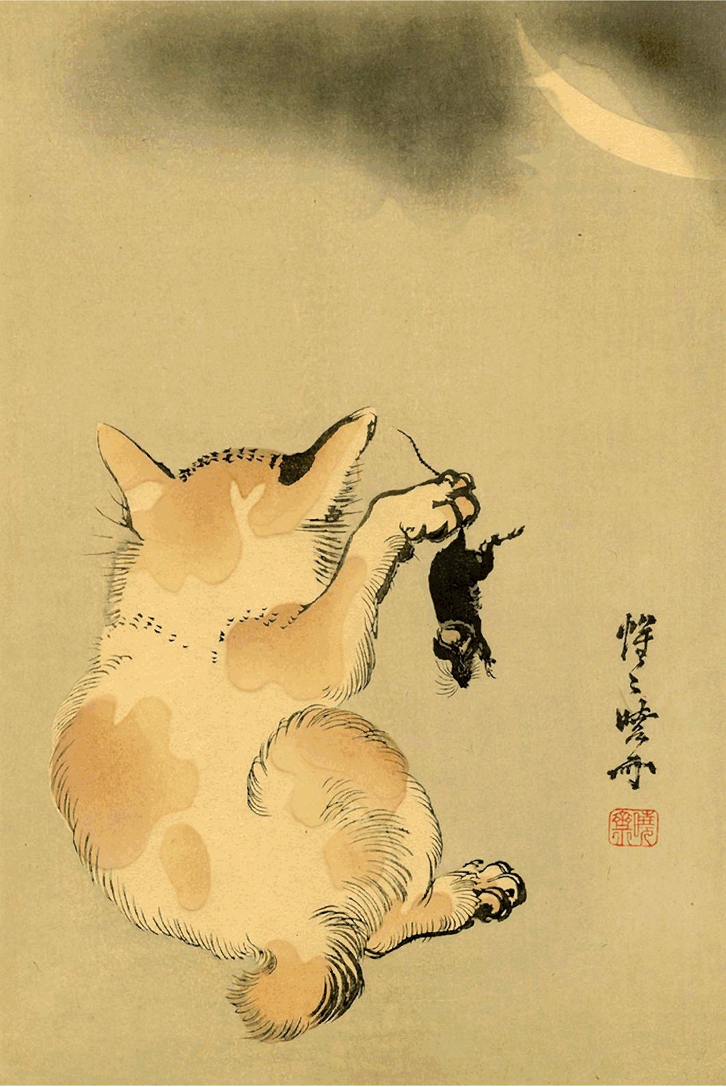 Cat art prints, Japanese cats posters, Animal art poster, Cat paintings, Cat and mouse under crescent moon Kyosai, FINE ART PRINT, wall art