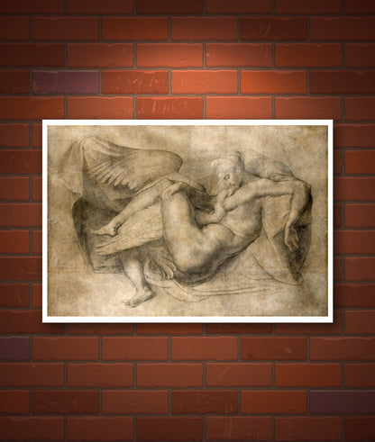 Antique European art, Nude art, Michelangelo Buonarroti drawing Leda and the Swan FINE ART PRINT, italian art, Nude erotic art, renaissance