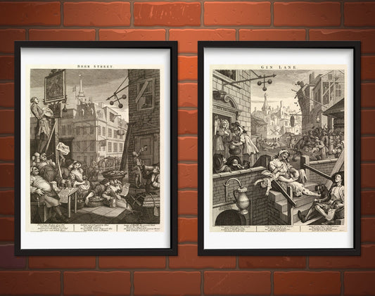 Antique art, Vintage illustrations, British art, Beer street and Jin lane William Hogarth FINE ART PRINT, Set 2 prints, wall art, home decor