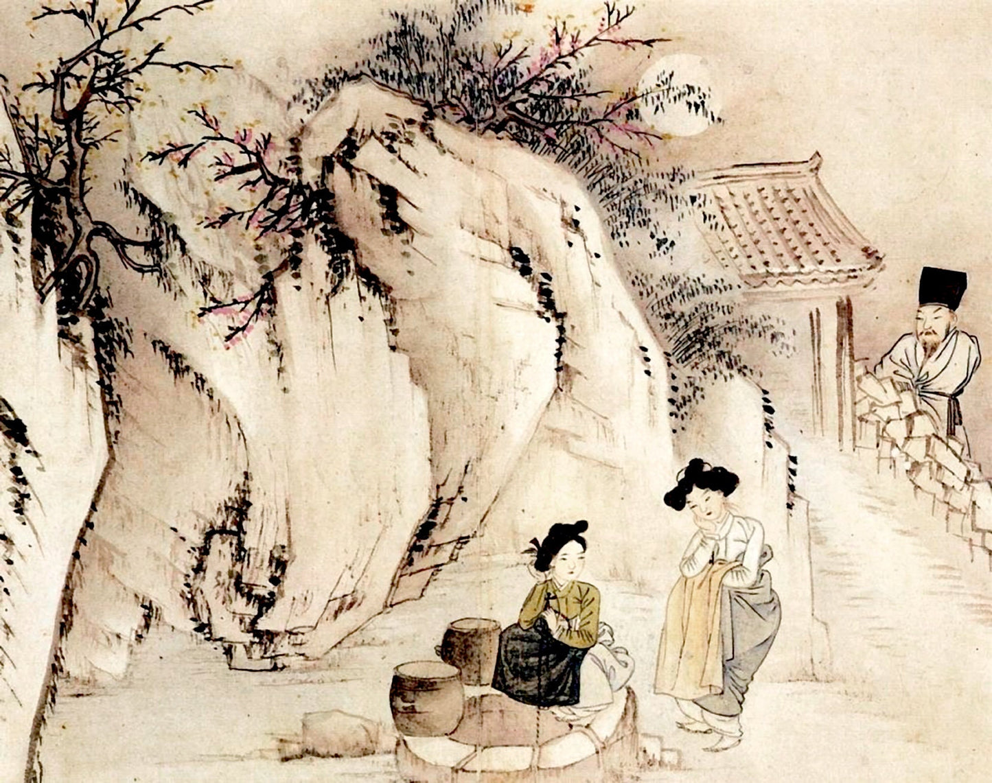 Asian korean art, Asian people scene, Gossiping at the well at night Shin Yun Bok FINE ART PRINT, korean paintings, posters, wall art, gift