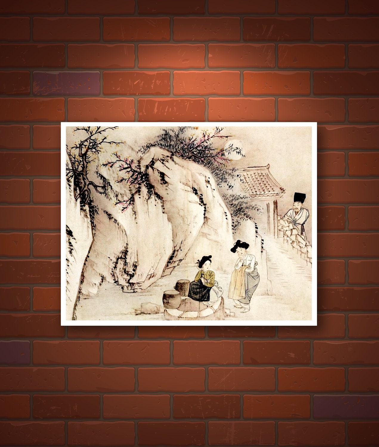 Asian korean art, Asian people scene, Gossiping at the well at night Shin Yun Bok FINE ART PRINT, korean paintings, posters, wall art, gift