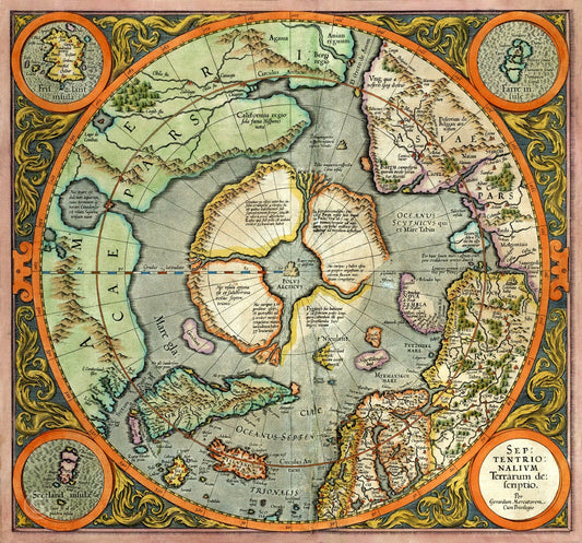 Antique map art prints, First Noth Pole map Print, Septentrionalium Terrarum Gerardus Mercator FINE ART PRINT, map reproduction, art posters