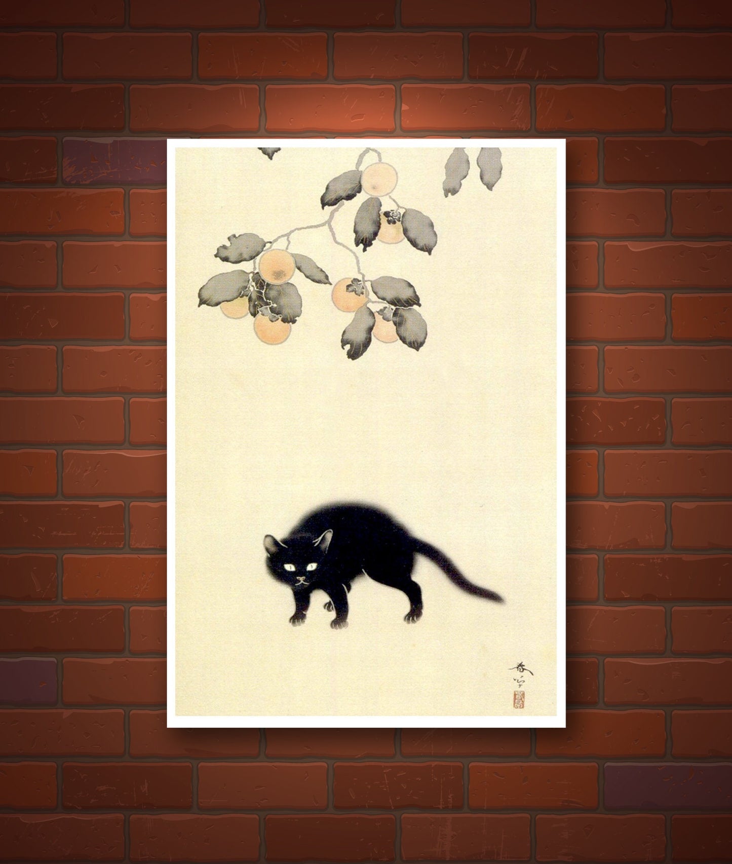 Cat art prints, Japanese cats posters, animal art poster, animal paintings, Black Cat under Persimmon tree FINE ART PRINT, wall art, posters