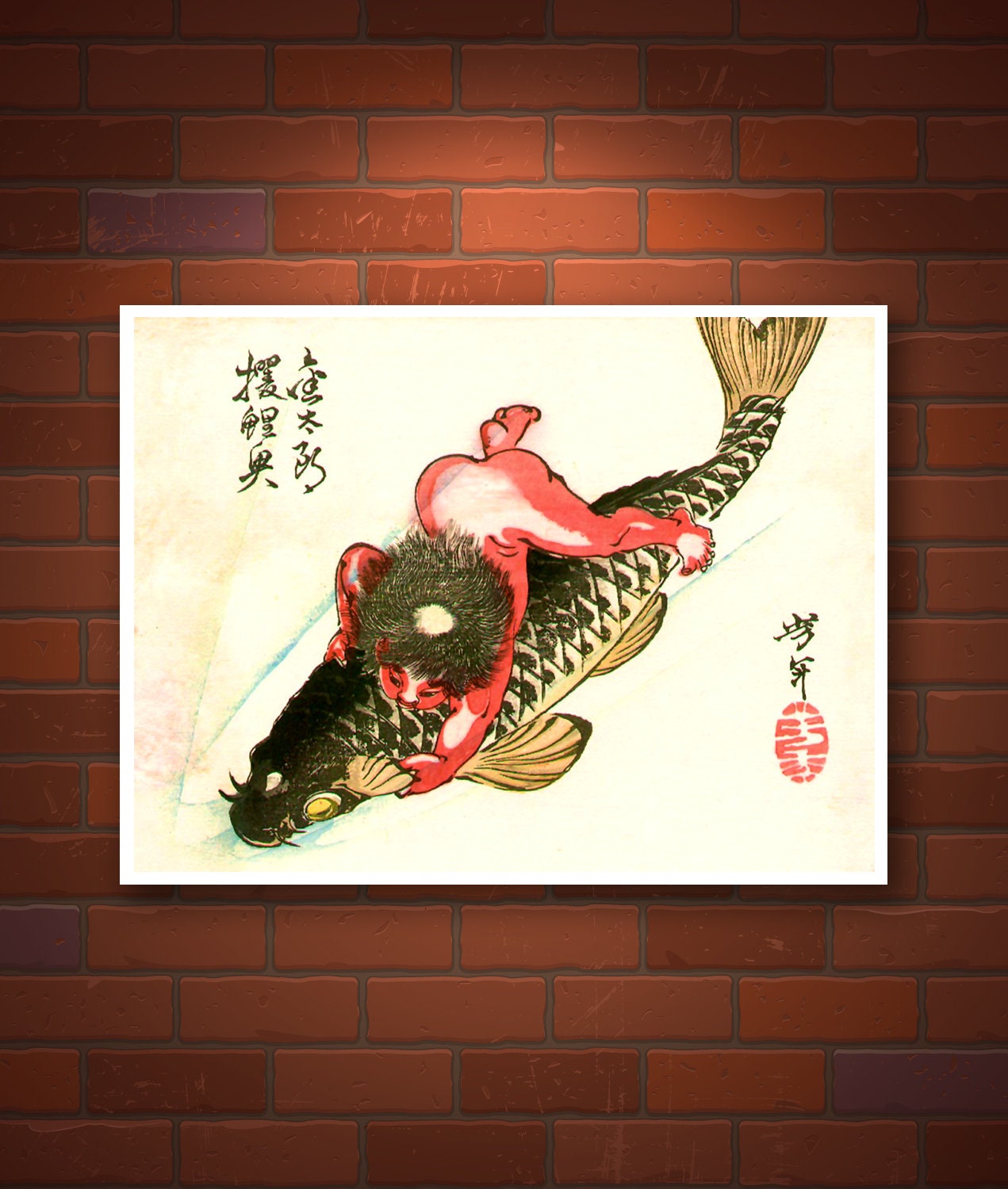 Japanese art prints, woodblock prints, Fish paintings, Animal art, Kintaro Riding the carp Yoshitoshi FINE ART PRINT, art posters, wall art