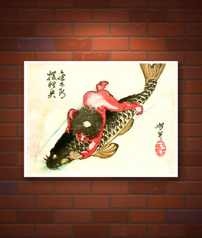 Japanese art prints, woodblock prints, Fish paintings, Animal art, Kintaro Riding the carp Yoshitoshi FINE ART PRINT, art posters, wall art