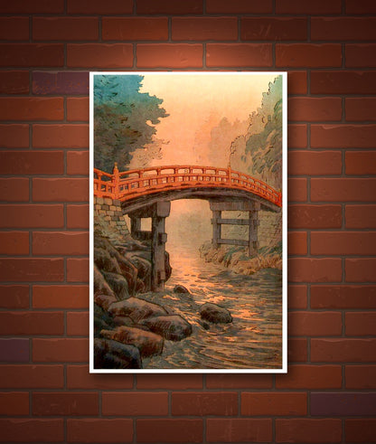 Japanese art, woodblock art prints, Sacred bridge in sunset Ito Yuhan FINE ART PRINT, Japanese bridge painting, Japanese prints, art posters