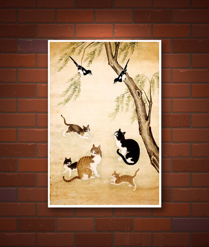 Asian cats painting, Animal asian poster, Cat and crows FINE ART PRINT, Cat and birds art posters, Korean animal art, Wall art, Home decor