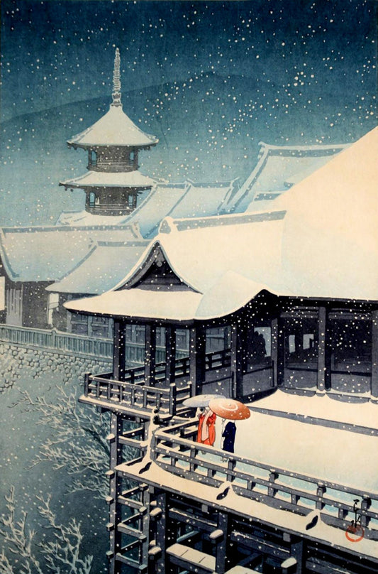 Japanese art prints, Kiyomizu Temple in snow Hasui Kawase FINE ART PRINT, winter snow paintings, woodblock prints reproductions, art posters