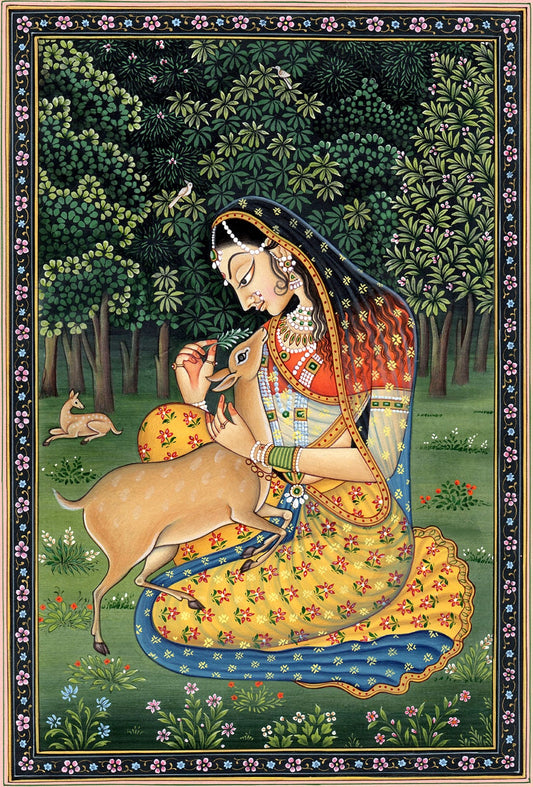 Indian art prints, Vintage illustrations, Radjasthani Lady with a Deer FINE ART PRINT, Vintage art, Indian art, paintings, posters, wall art