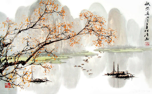 Chinese art print, Chinese autumn landscape, Boat painting, Landscape with boats FINE ART PRINT, art poster, wall art, home decor, art gifts