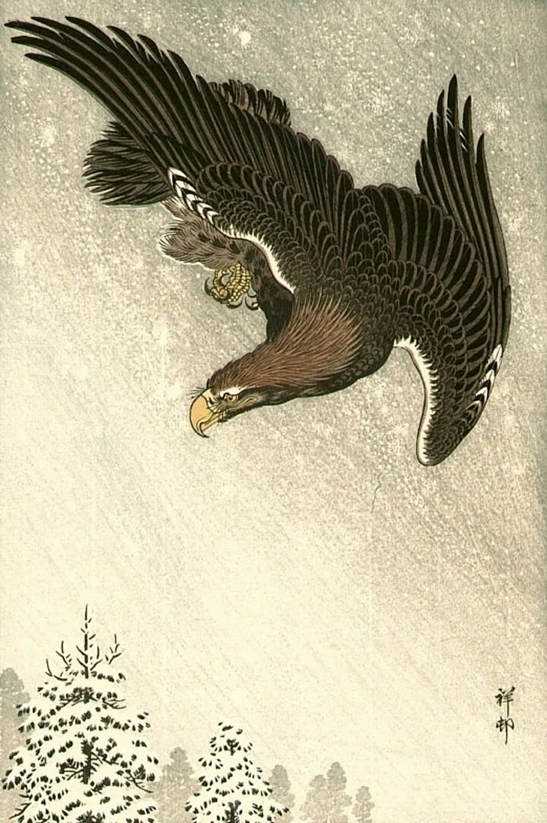 Japanese art, Eagle paintings, Animal, birds prints, Eagle flying in snow Shoson FINE ART PRINT. Japanese prints, art posters, reproductions