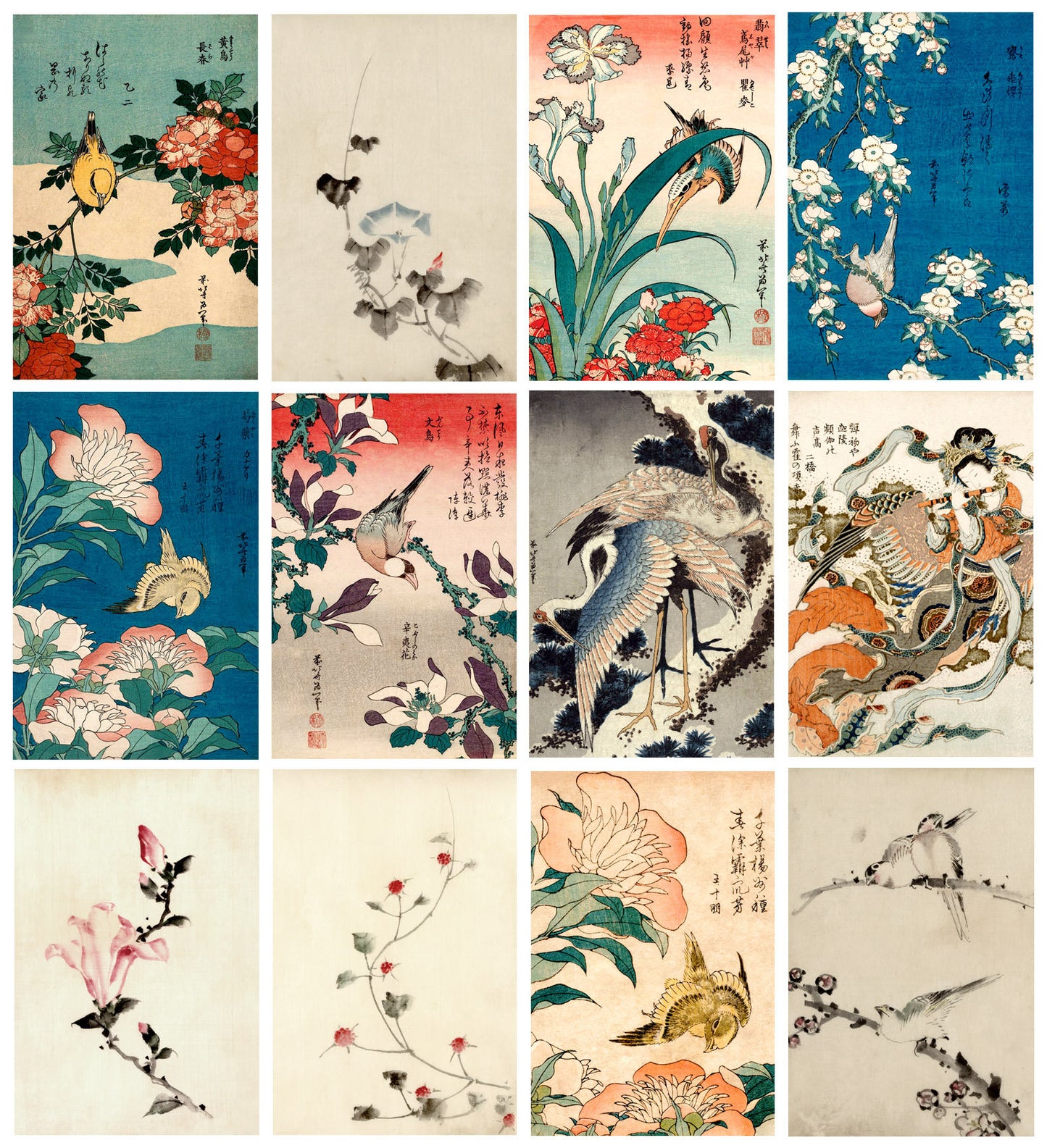 Japanese art prints, Birds flowers 12 prints set Hokusai FINE ART PRINTS, Japanese woodblock prints, ukiyo-e, paintings reproductions, cards