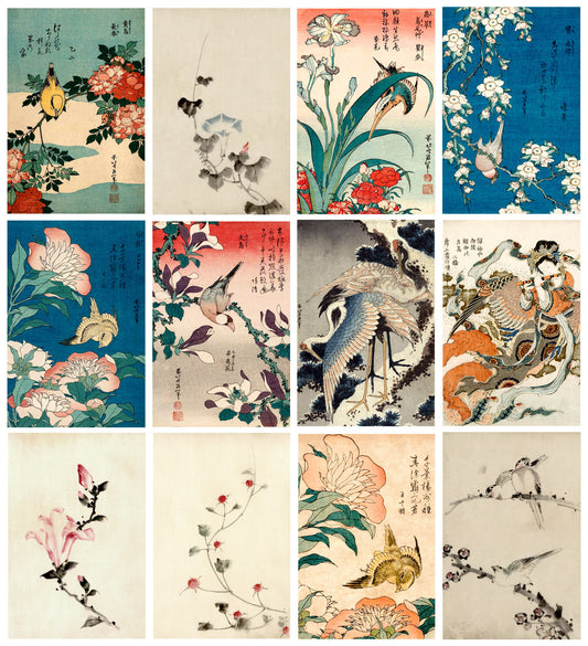 Japanese art prints, Birds flowers 12 prints set Hokusai FINE ART PRINTS, Japanese woodblock prints, ukiyo-e, paintings reproductions, cards