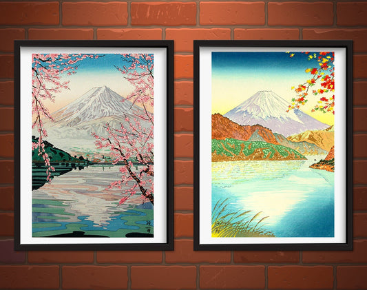 Japanese art, Vintage illustrations, Fuji prints, Mount Fuji at spring snd autumn FINE ART PRINTS, Set 2 prints, wall art, home decor, gifts