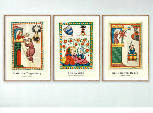European antique art prints, Illuminated manuscripts set of 3, Manesse Codex ART PRINTS SET