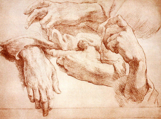 Antique European art print, Studies of hands Michelangelo FINE ART RTINT, antique drawing, Italian art, renaissance art reproduction, poster