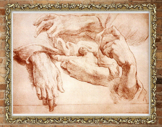 Antique European art print, Studies of hands Michelangelo FINE ART RTINT, antique drawing, Italian art, renaissance art reproduction, poster