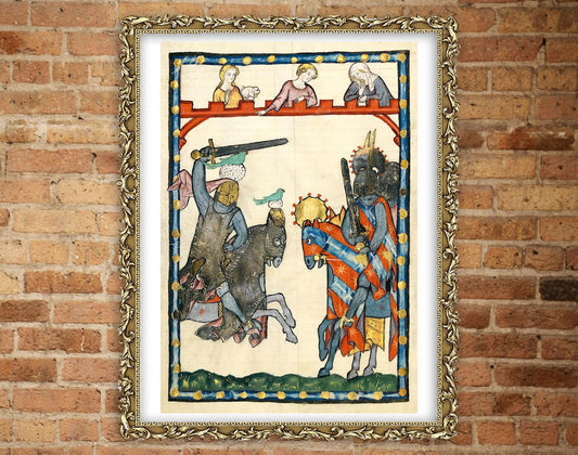 Antique European art, Illuminated manuscripts, Medieval art, Manesse codex, Knight Fighting FINE ART PRINT, wall art, home decor, art poster