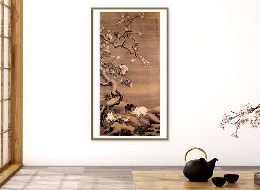 Chinese art, Asian painting, Animals watercolors, Hares and plum blossom in snow FINE ART PRINT wall art, home decor, reproductions, posters