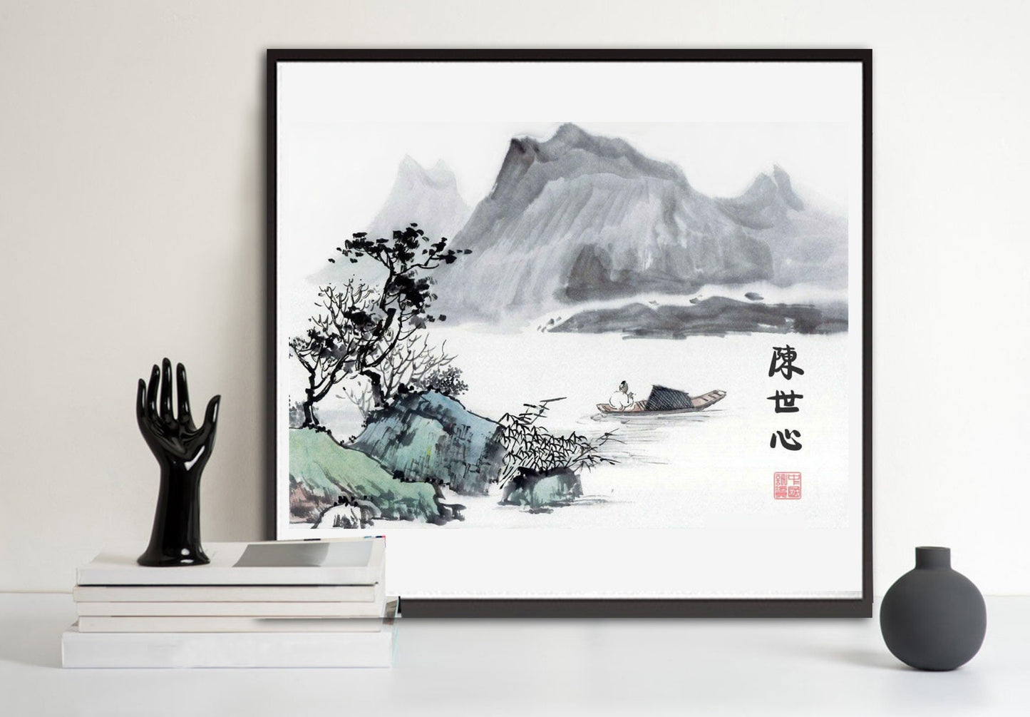 Chinese art print, landscape and nature painting, Asian landscape with a boat FINE ART PRINT, art poster, wall art, Chinese home decor, gift