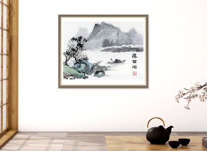 Chinese art print, landscape and nature painting, Asian landscape with a boat FINE ART PRINT, art poster, wall art, Chinese home decor, gift