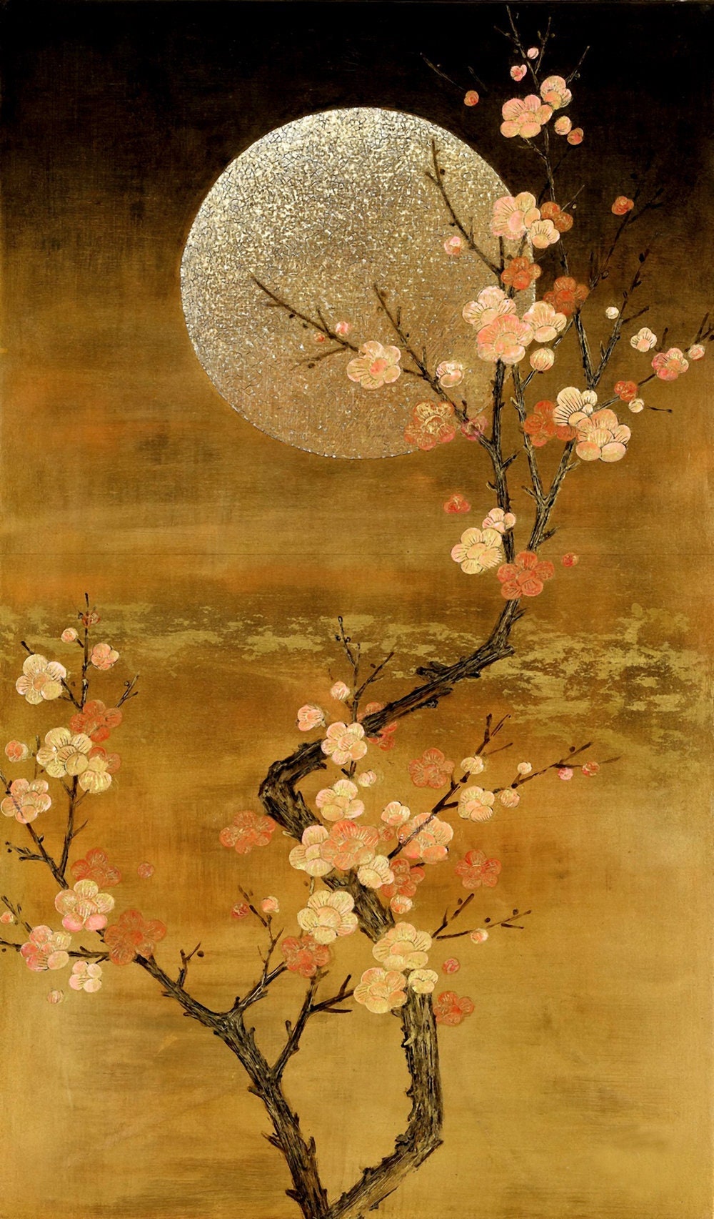 Asian art, Plum Blossoms, Sakura, Night art, Moon, Blooming plum at night FINE ART PRINT